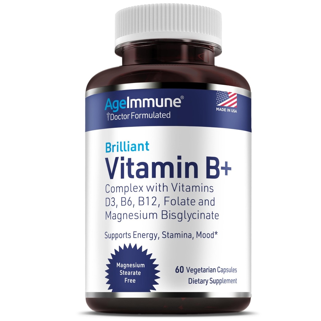 AgeImmune ויטמין B Complex עם ויטמין D3 B12 B6 Magnesium Bisglycinate ו Folate כמו Methylfolate - דוקטור פורמולה Methylated B Complex תוסף - 60 קפסולות - ללא ניקוטין