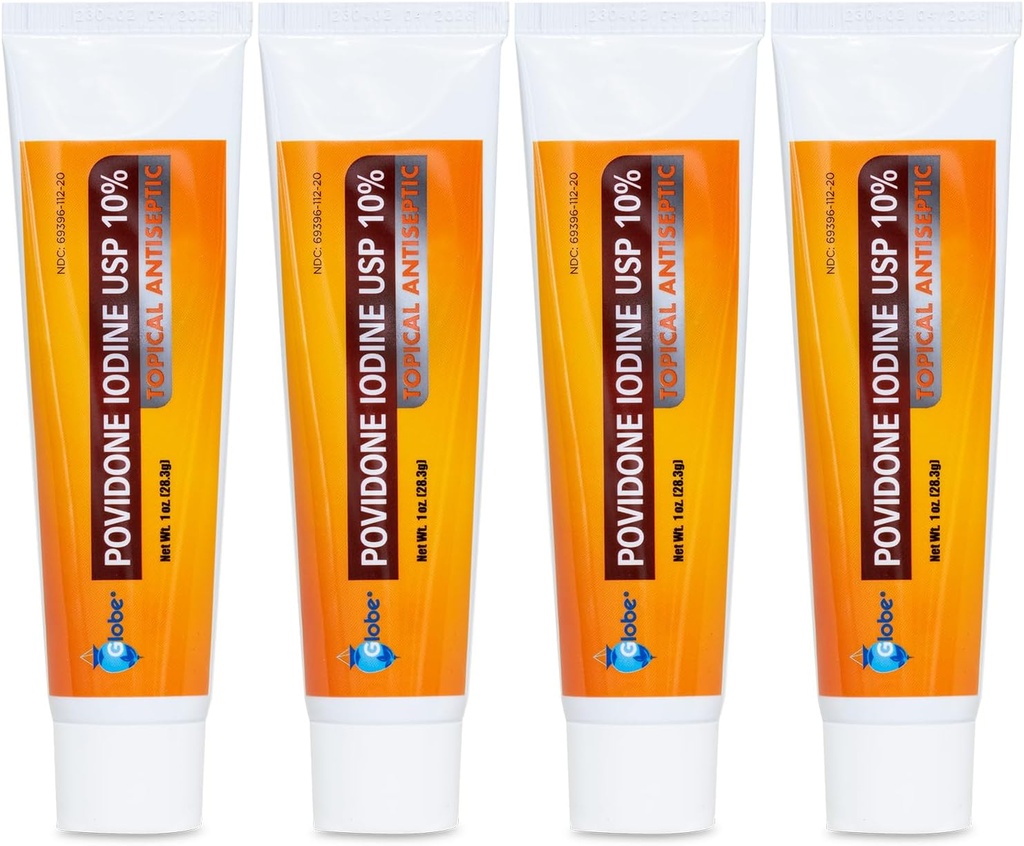 Globe (4 Pack) Povidone Iodine 10% עזרה ראשונה אומנט 1 עוץ, עבור חותכים Scrapes Burns (Compare to Betadine)