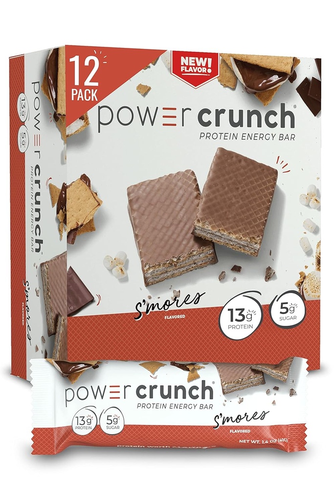Power Crunch חלבונים Wafer Bars, חטיפים חלבונים גבוהים עם טעם טעים, S'mores, 1.4 Ounce (12 Count)