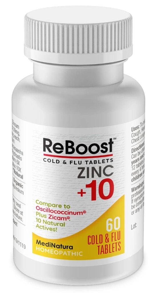 MediNatura ReBoost Zinc +10 MAX Cold & Flu Symptom הקלה מהירה-Acting, Non-Drowsy Natural Soothing Homeopathic Helps Relieve Whole Body Discomfort, Cough, Fatigue, ההשתתפות - לימון - 60 טבליות
