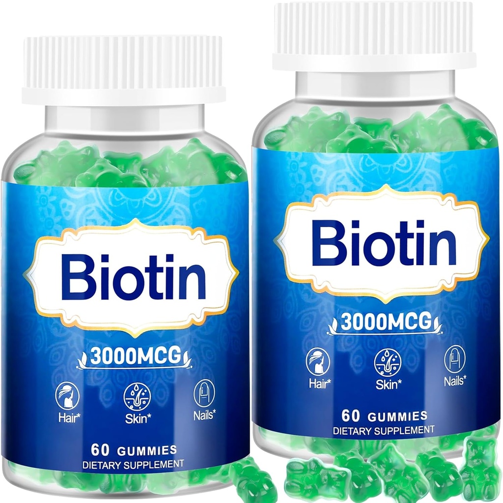 שיער עור וציפורני חניכיים, 2 Pack High Potency שיער ויטמין לנשים, גברים וילדים, ויטמין D & E,B16, B12, Biotin Gummies for Hair growth, Skin, ו- Stronger Nails