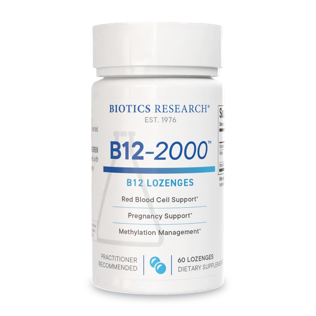 Biotics Research B12-2000TM ויטמין B12 2000 mcg, B6, Folate-B12 Sublingual Lozenges, Methylation Support Supplement, High Potency, High Absorbable, Natural, Brad Flavor, Dissolves Easily- Count60