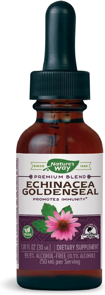 Nature's Way Premium Formula Echinacea-Goldenseal, 250 מ"ג למנה, 99.9% אלכוהול חינם, 1.01 Oz.