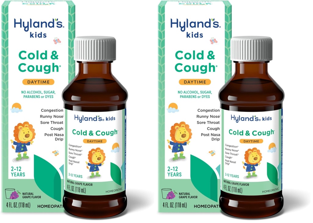 Hyland's Kids Cold and Cough, Daytime Grape Flavor Cough Syrup Medicine for Kids Ages 2 and up, Decongestant, Sore Throat Relief, Natural Treatment for Common Cold Symptoms, 4 Fl Oz (Pack of 2)