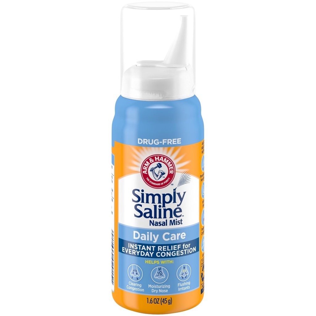 ARM & HAMMER פשוט Saline Daily Care Nasal Mist, ללא סמים ללא Drowsy Saline Spray עבור מיידי Nasalungestion ו-Allergy הקלה, להשתמש לעתים קרובות כמו Needed, מתאים לשימוש אם בהריון, 1.6 oz oz oz oz oz oz