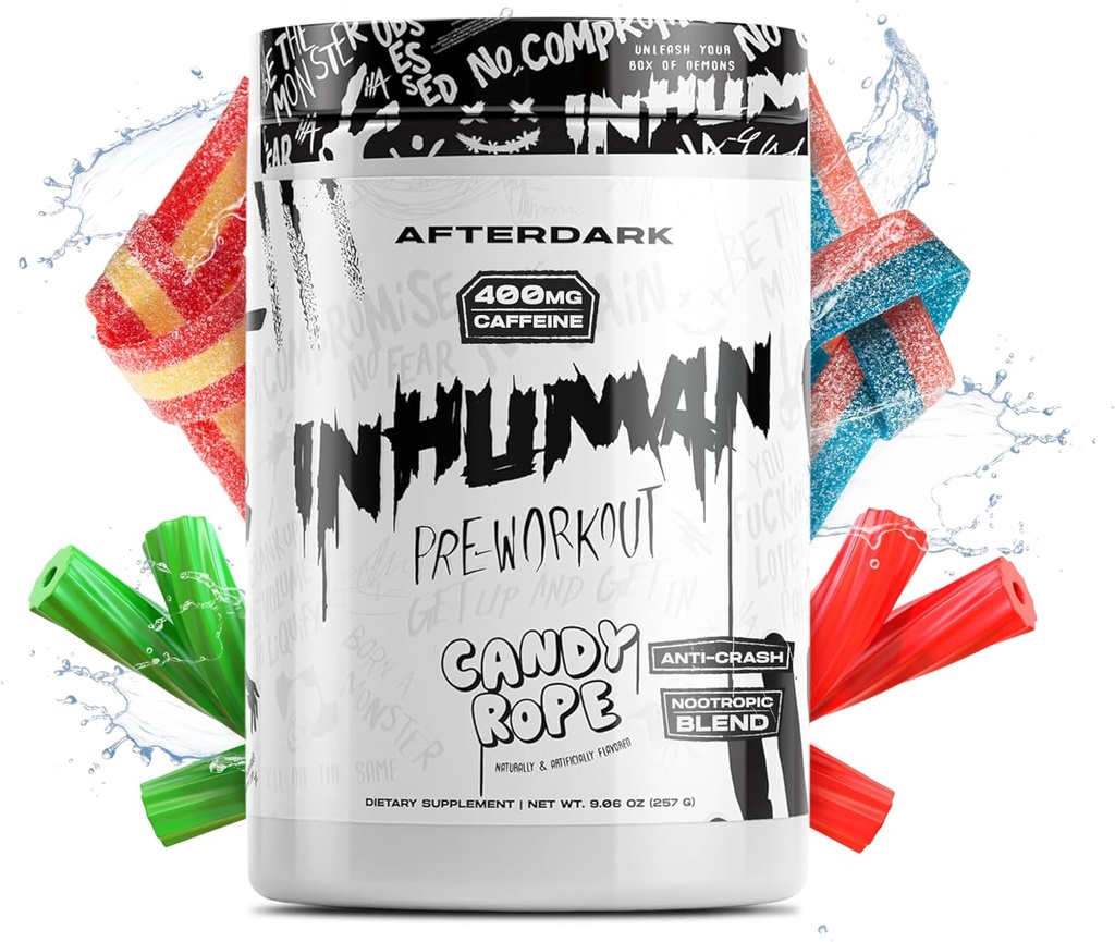 AFTERDARK INHUMAN PRO-Workout אבקה, חיבור משופר של Mind-Muscle, Sustained Energy, Potent Nootropic בלנדר, טבעוני, Gluten-Free, 400 מ"ג Caffeine, No Crash, Candy Rope.
