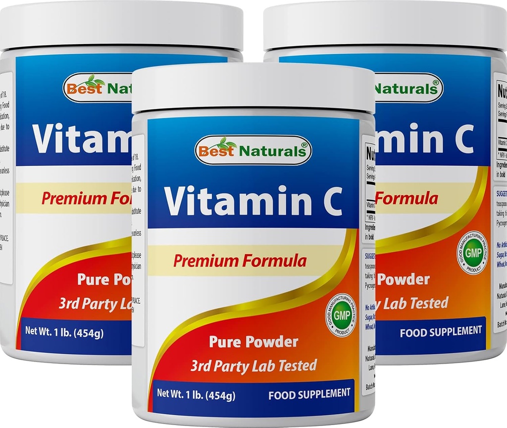 Best Naturals 100% Pure ויטמין C אבקת non-GMO 1 lb (454 גרמות) אבקת אבקה (Also Called Ascorbic Acid) (1 LB (Pack של 3)