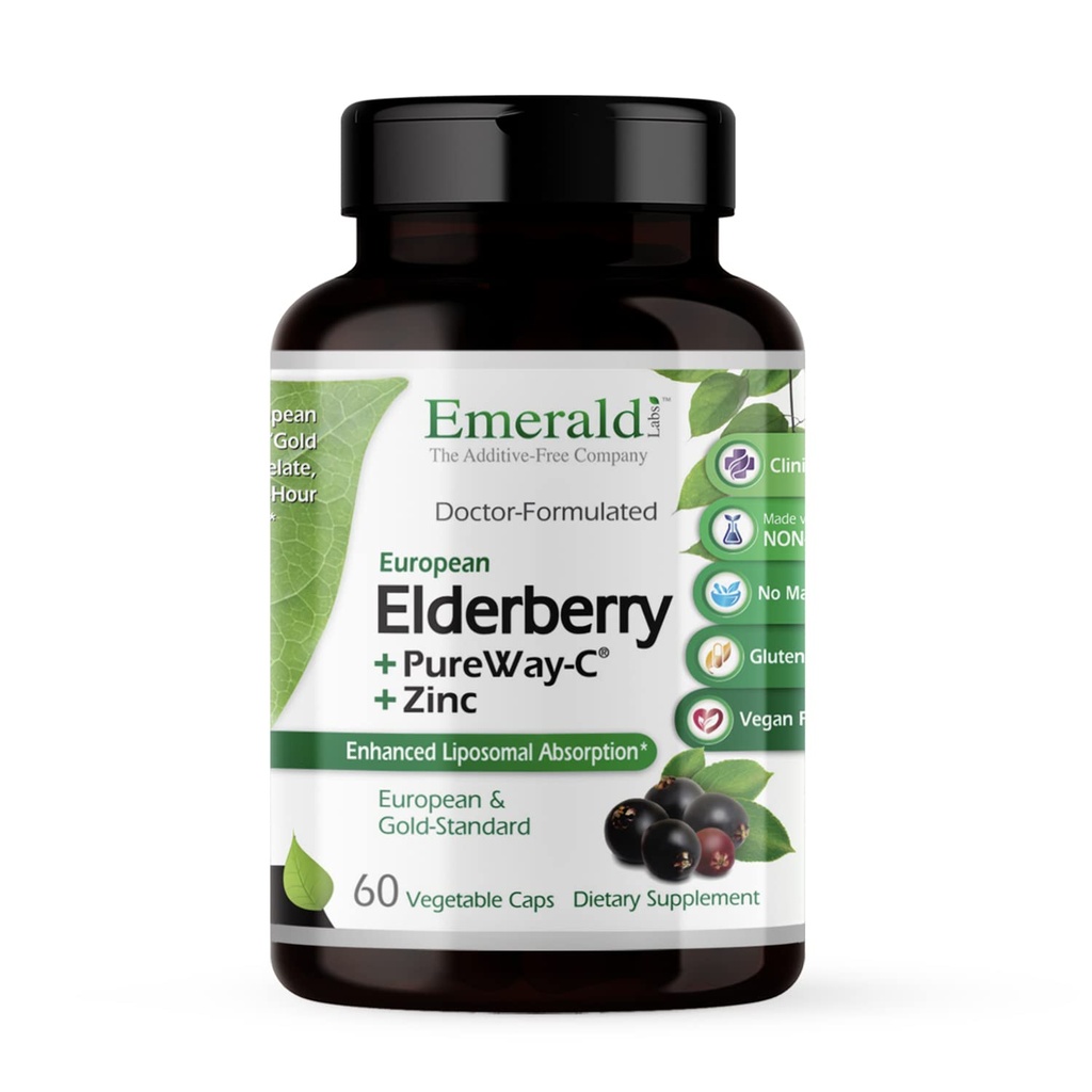 EMERALD LABS Elderberry Plus - תמיכה תזונתית & Immune עם אירופה Elderberry לחלץ, ויטמין C כמו PureWay-C & Albion Chelated Zinc - טבעוני וגלוטן חינם - 60 קפסולות ירקות (30 ימים אספקה)