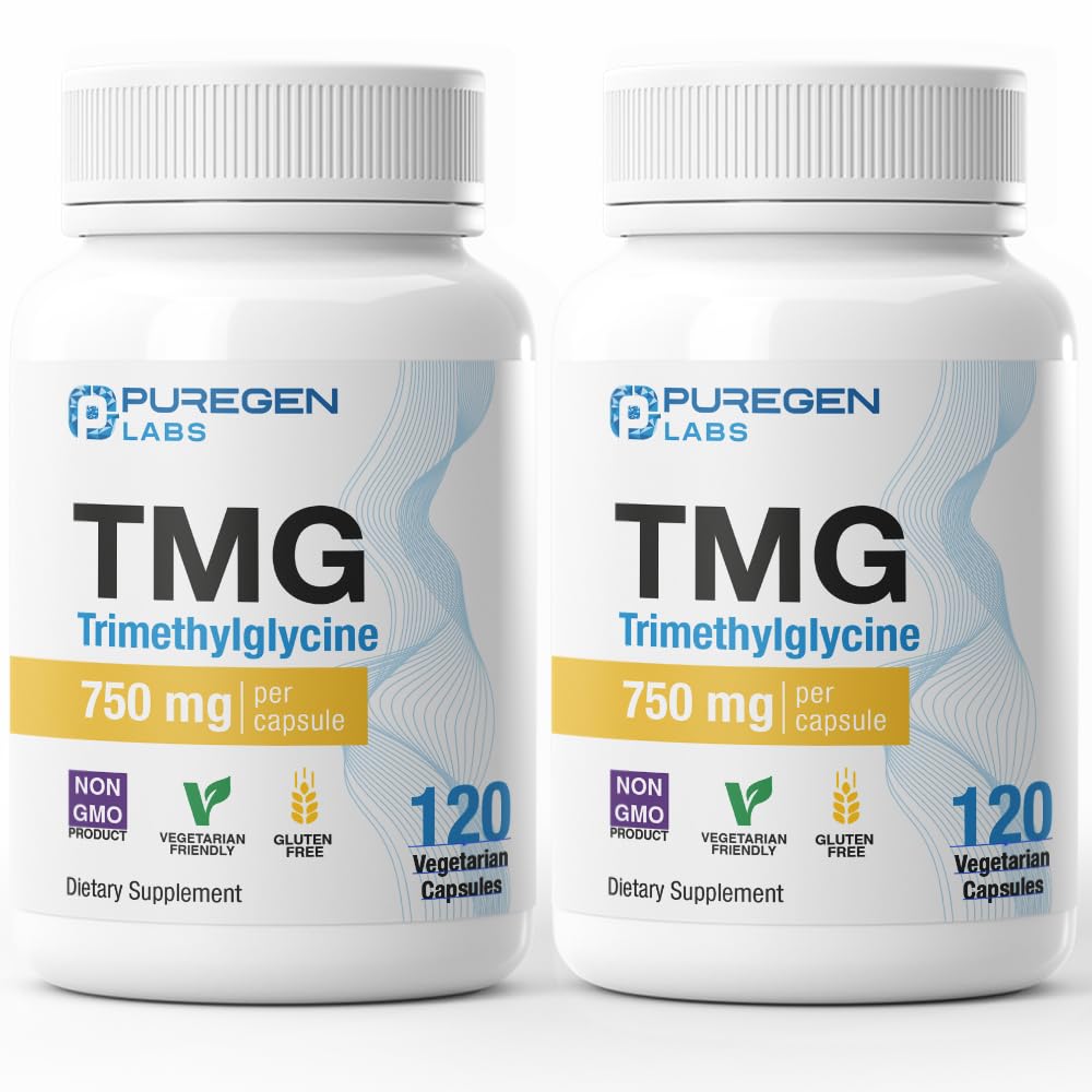 Puregen Labs TMG 750 mg – [High Potency] Trimethylglycine Supplement – Encourages Healthy Homocysteine Levels, Non-GMO, NO Gluten and Dairy - 2 Pack - Total 240 Vegetarian Capsules