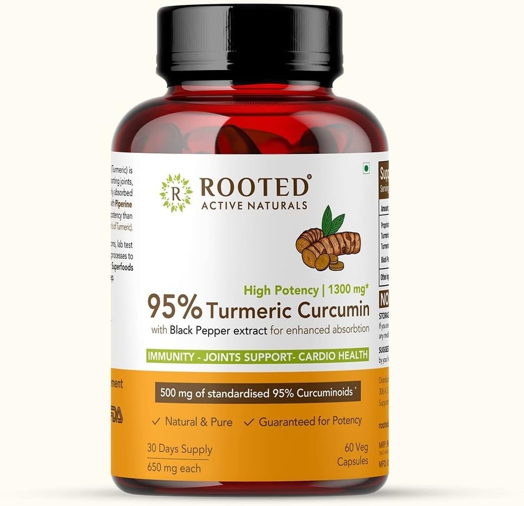 Curcumin (95%) עם Black Pepper Extract (לקליטה טובה יותר), 1300 מ"ג, עבור Immunity, Joints Health; 60 ואג קפסולות, 650 מ"ג לכל אחד,