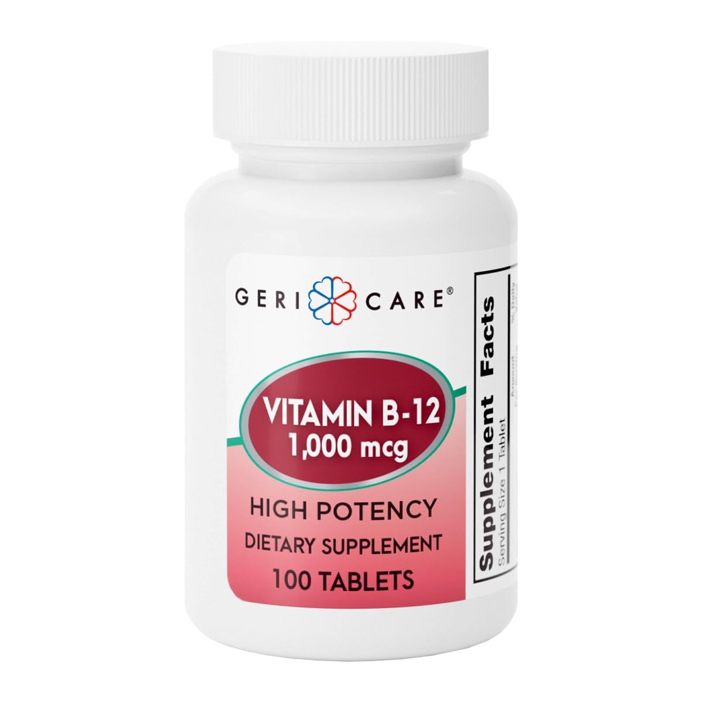 GeriCare ויטמין B-12 1000mcg High Potency Tablets, Premium Dietary Supplement for Boosting Energy, Supporting Brain Health, ושמירה על מערכת עצבית בריאה 100 Count (Pack of 1)