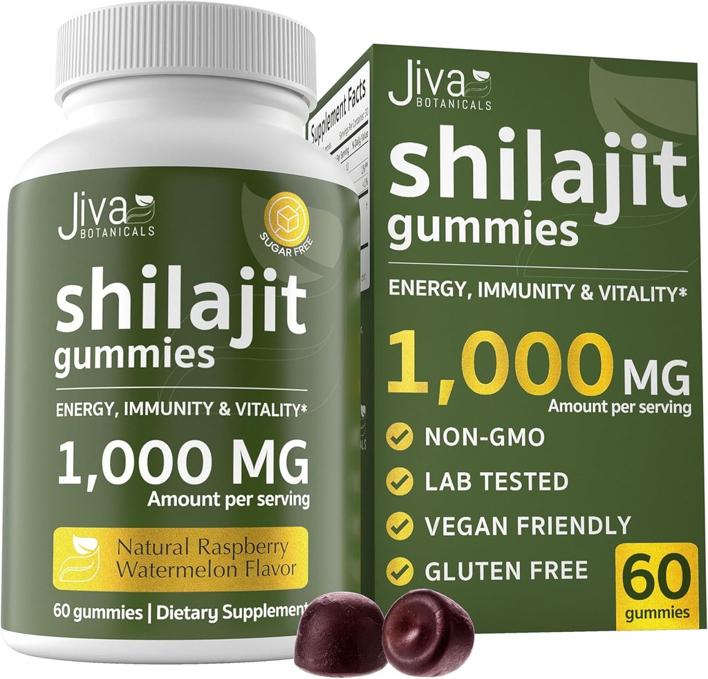 Jiva הבוטנים Pure Shilajit מן המסטיקים ההימלאיה לגברים ונשים - Shilajit Gummies 1000 מ"ג עבור הזדקנות בריאה, מערכת החיסון ותמיכה אנרגיה נורמלית - חינם סוכר, טבעוני, 60 הרוזן (Pack of 1)