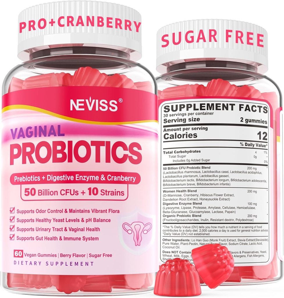 ויטמין Probiotics for Women PH Balance, Odor Control with Prebiotics, Cranberry, D-Mannose, מקדם Feminine Healthy Vaginal פלורה, Urinary Tract, Yeast, תמיכה תזונתית, סוכר חינם, 60Cts