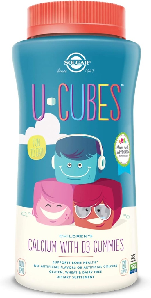 Solgar U-Cubes ילדים Calcium עם ויטמין D3, 120 חניכיים - Strawberry Flavor - תומך עצמות ושיניים בריאות - non GMO Gluten חינם, חלב חינם - 60 משרתים