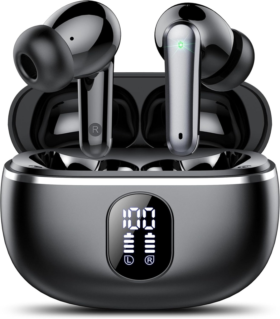 אוזניות אלחוטיות, Bluetooth 5.3 אוזניות Big Bass Stereo, אוזניים Buds עם Noise מבטלת את תצוגת LED Mic LED, ב- Earphones IP7 Waterהוכחה, 50H Playtime ספורט, שחור שחור