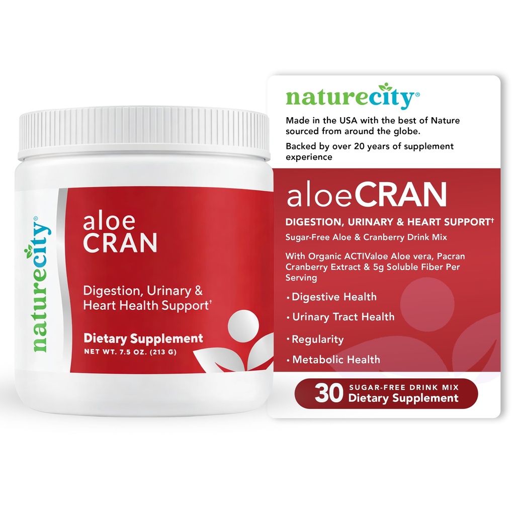 NatureCity AloeCran - Pure Aloe Vera תערובת עם תוסף אבקת Cranberry - סוכר חינם סיבים תערובת עבור בריאות Digestive ו Urinary - Gut & Metabolic בריאות תמיכה - 30 ימים של אספקת מזון