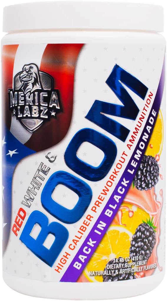 Merica Labz Red, White, ו-Boom, High Caliber Pre Workout with VasoDrive-AP®, 350mg Caffeine, Max Energy, Pump and Focus, Enhance Blood Flow and Muscle Volume, 20 משרתות (Back in Black Lemonade)