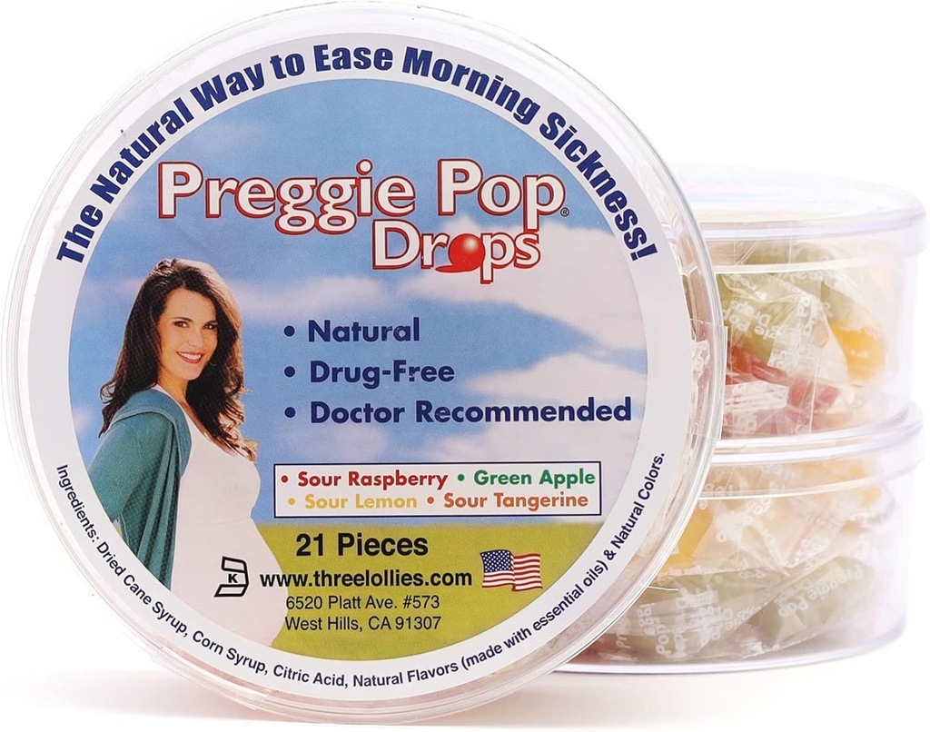 Preggie Pop Drops - מסייע למחלת בוקר במהלך ההריון (3 Pack, 63 ספירה) - עם שמנים חיוניים, בטוח עבור בהריון ותינוק, Gluten חינם - לימון, פטל, ירוק אפל, Tangerine
