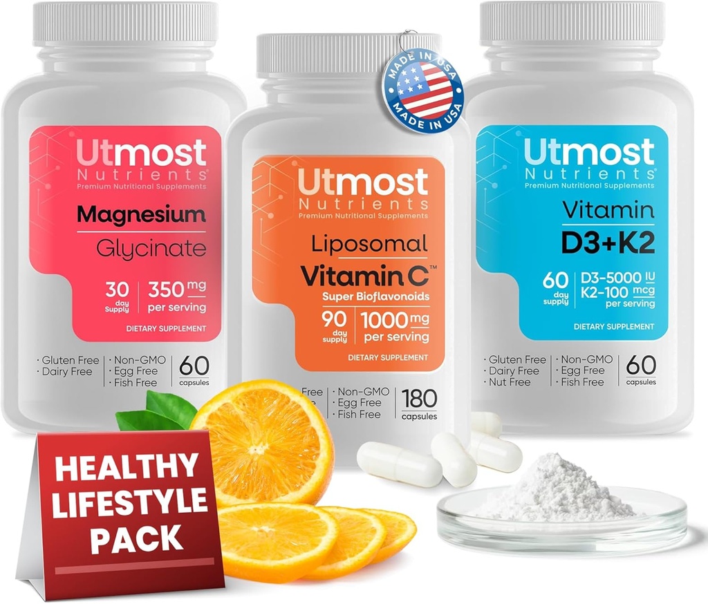 ויטמין C עם Super Bioflavonoids 1000MG (180 קפסולות), ויטמין D3 עם K2 5000IU (60 קפסולות) ו- Magnesium Glycinate 350MG (60 קפסולות) - non-GMO, Gluten-Free Supplemeplememeum חינם (60 קפסולות)