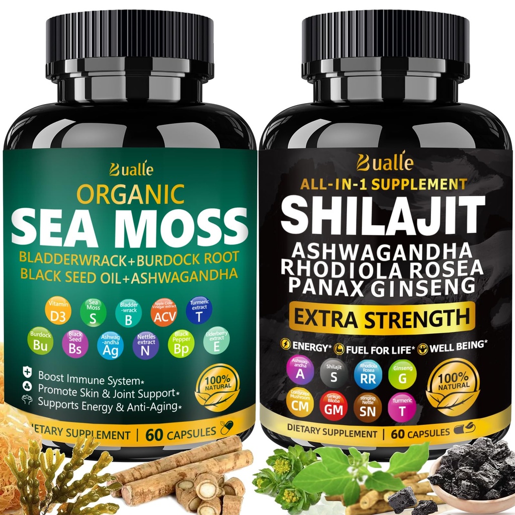 Bualle Sea Moss ו Shilajit Bundle-Sea Mos 300 מ"ג, Black Seed שמן 100 מ"ג,Ashwagandha 50mg,Ginger & Shilajit 300 מ"ג,Rhodiola Rosea 100 מ"ג, Panax גינזנג 50 מ"ג, All in 1s-USA Made(2)