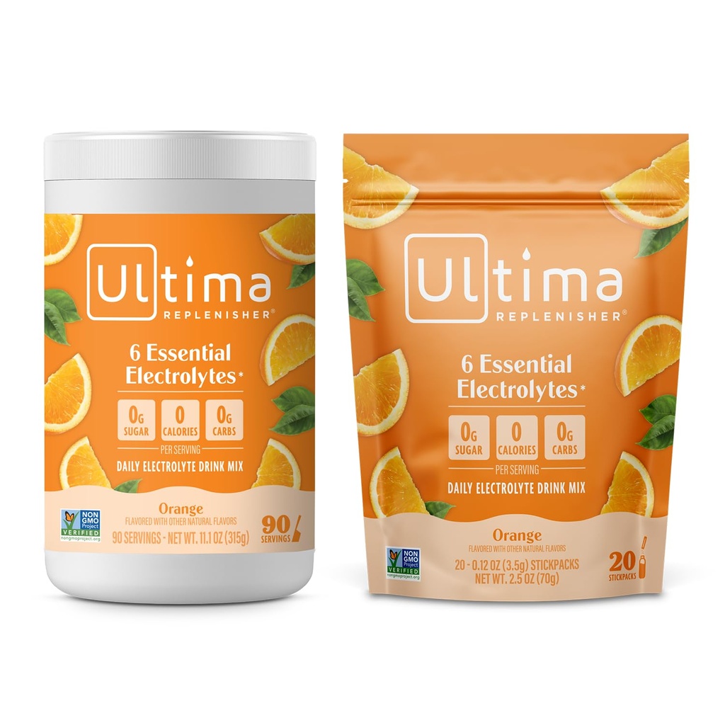 Ultima Replenisher Electrolyte אבקת לשתות Mix Bundle - סוכר חינם - כתום, 90 משרת Canister ו 20 Stickpacks - 6 אלקטרוליטים ומינרלים - Keto Friendly, טבעוני, non-GMO