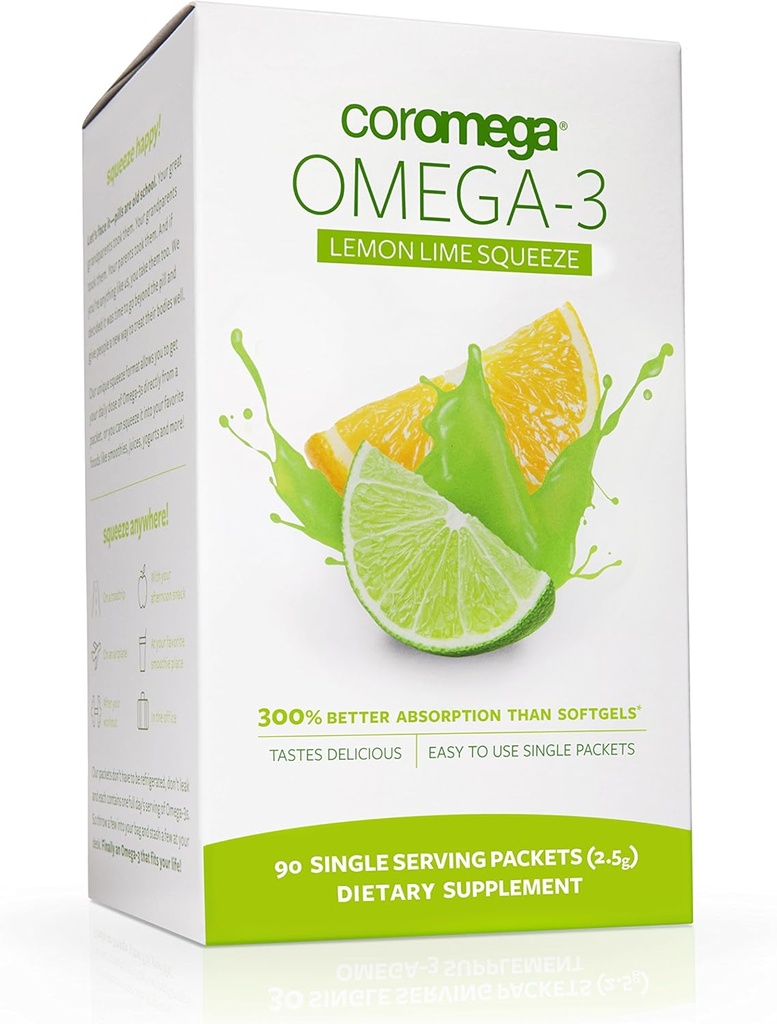 קורומוגה אומגה 3 שמן דגים, 650 מ"ג של אומגה 3 עם 3X Better Absorption Than Softgels, Lemon Lime Flavor, 90 Single Serve Squeeze Packets