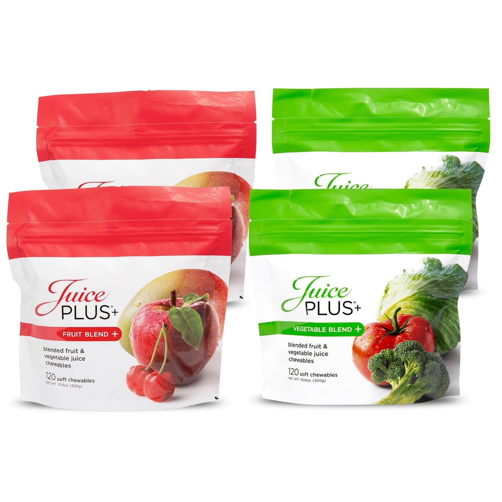 JuicePlus+ הפירות והירקות בליזס Soft Chews - Tasty Vegan Fruit, Veggie Gummy ויטמינים למבוגרים ולילדים - 4 חודשים אספקת 4 חבילות (2 מכל טעם)