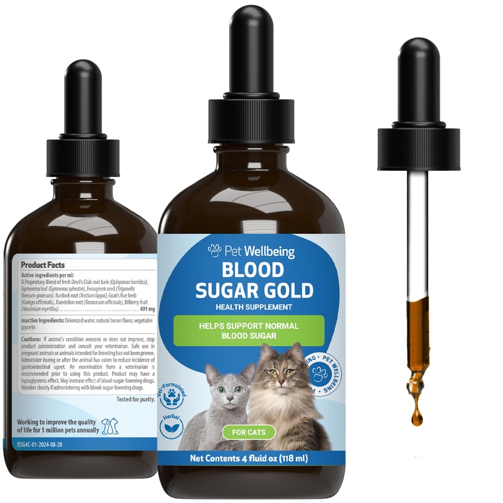 Pet WellBeing Blood Sugar Gold Cats - Holistic Blood Sugar Support, Pancreas & Liver Health, Gymnema, Fenugreek & Devil's Club - NASC Certified & Vet-Formulated - 4 oz נוזל נוזלי