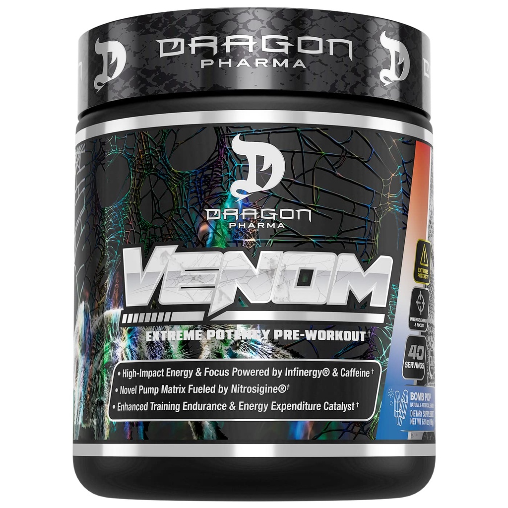 DRAGON PHARMA Venom Extreme Potency Pre-Workout, לייזר Sharp Focus + אנרגיה, Intense Performance, Ingredients for Enhanced Veodilation & Endurance (שרתים, Bomb Pop)