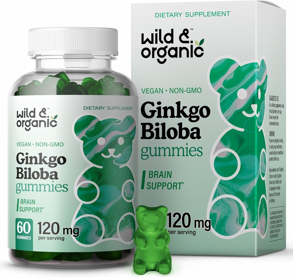 Wild & אורגני Gingko Biloba 120 מ"ג חניכיים - תמיכה מוחית ותוסף Focus w /Ginkgo Biloba Extract - טבעוני, non-GMO - 60 Pectin מבוסס Herbal Chewables