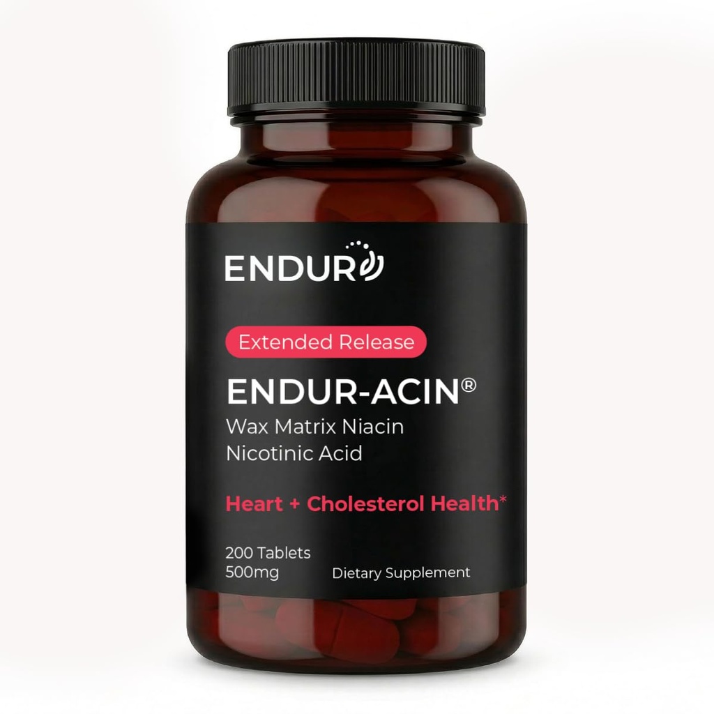ENDUR-ACIN Niacin, Heart Health & Healthy Cholesterol Balance תוסף, Extended Release for Optimal Absorption, Gluten Free, 500 מ"ג (200 טבליות)