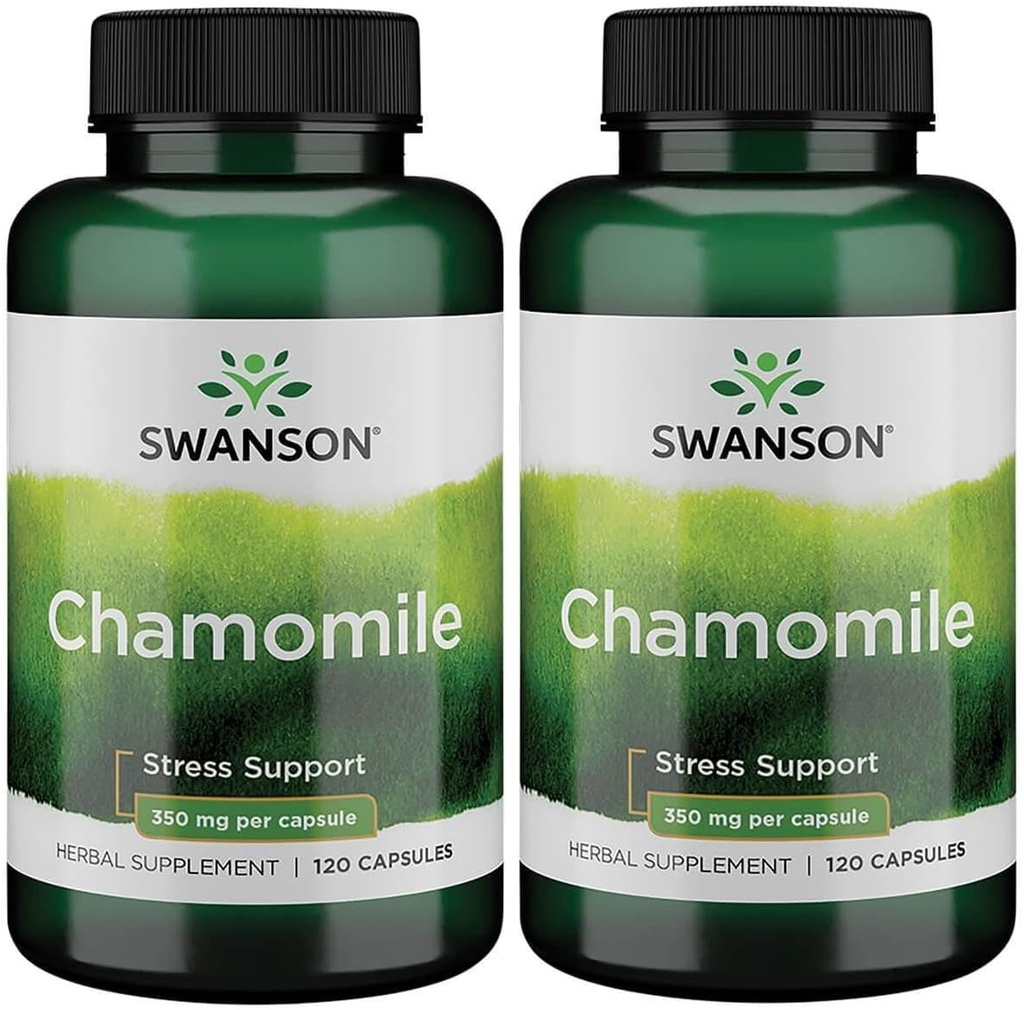 Swanson Chamomile Stress Support - Made with German Chamomile Flower - תוסף צמחי לקידום מתח, רגיעה ותמיכה בשינה - עוזר גוף קל ומחשבה - (120 קפסולות), 2 Pack