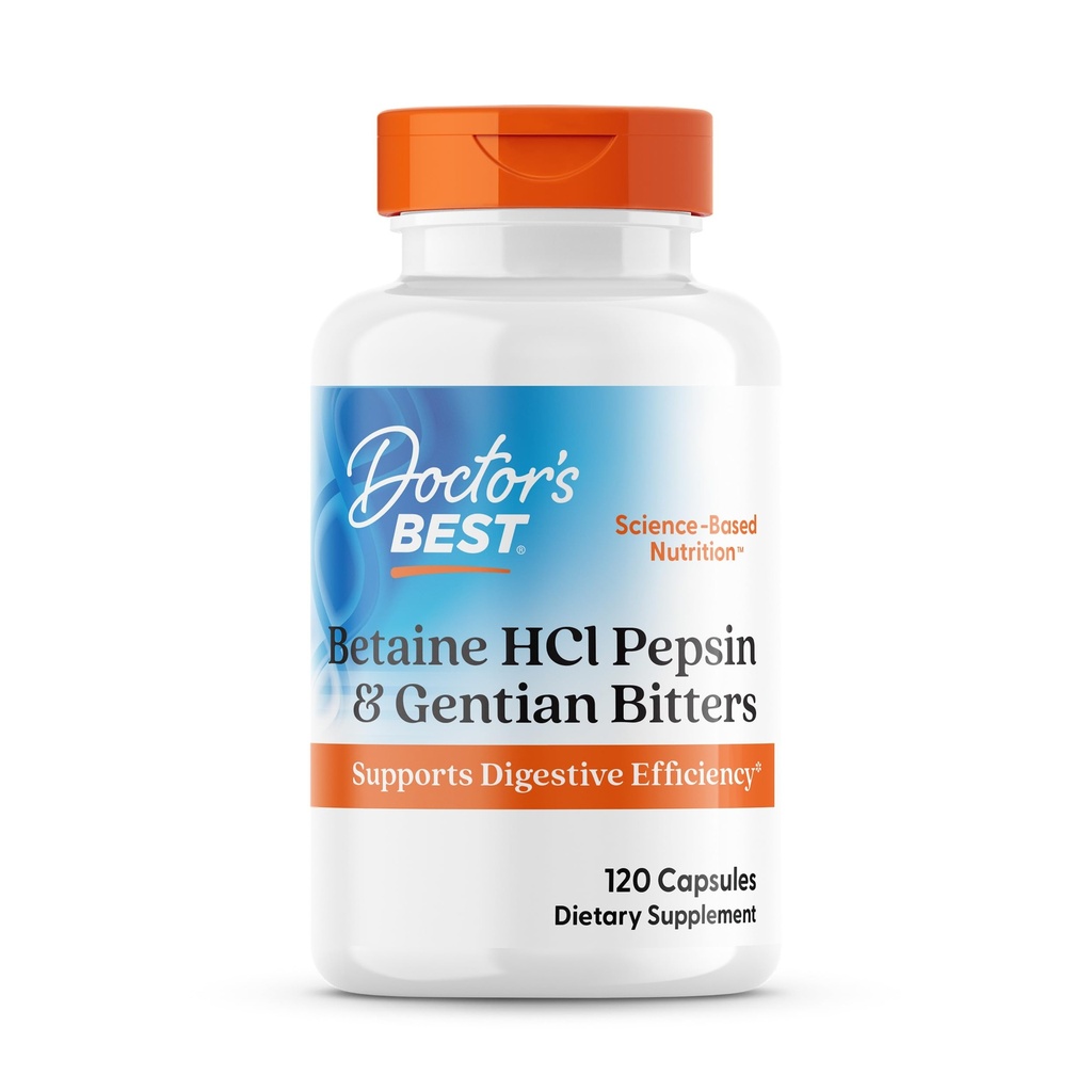 Doctor's Best Betaine HCI פפsin & Gentian bitters, Digestive Enzymes forחלבון Breakdown & Absorption, Non-GMO, Gluten Free, 120 Caps, Original Version
