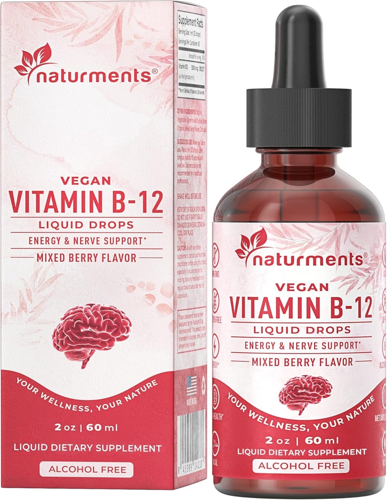 ויטמין B12 5000 mcg אורגני טיפות: אנרגיה & עצבים תמיכה - אלכוהול טבעוני חינם, non-GMO, סוכר חינם 2 Fl Oz
