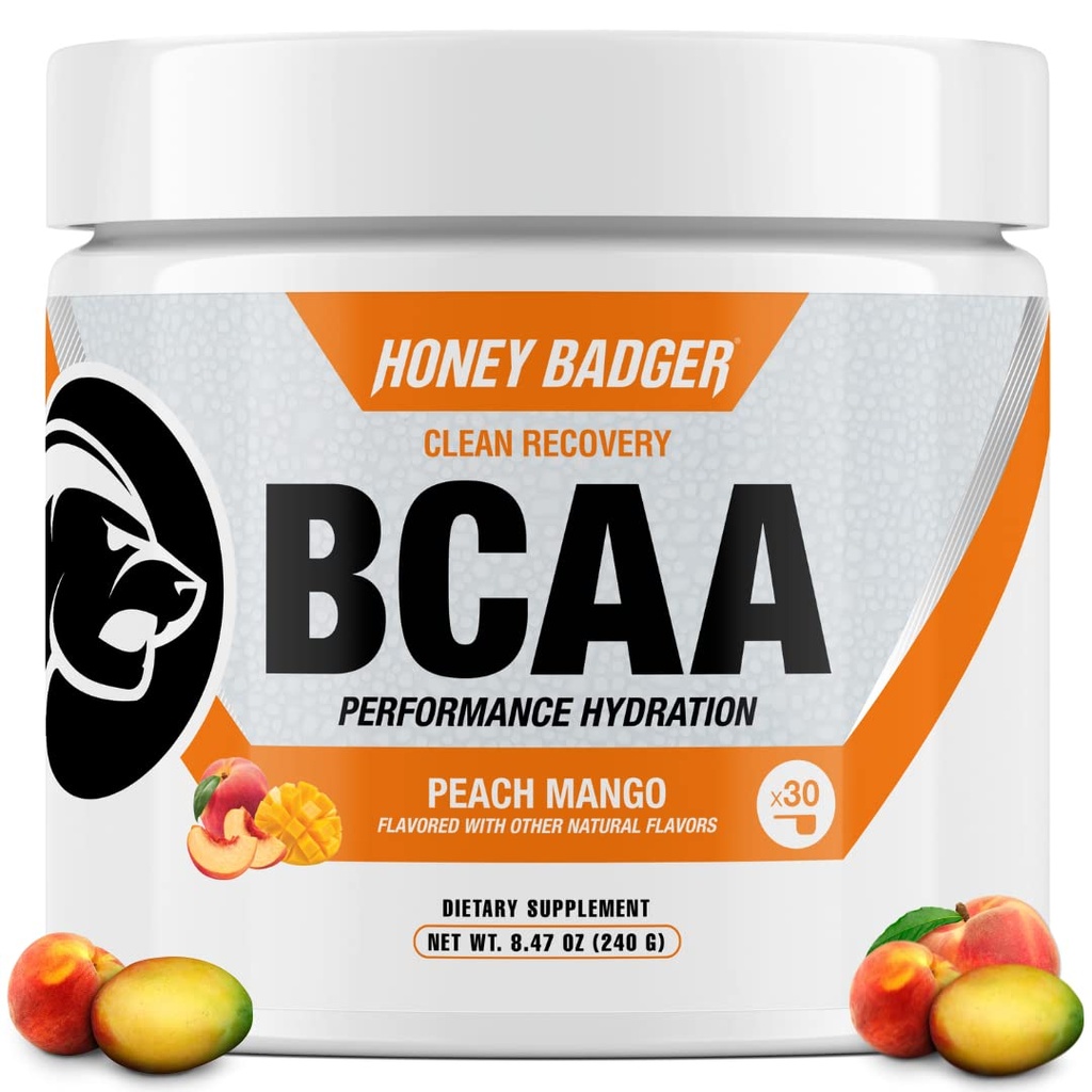 Honey Badger BCAA + EAA Amino Acids אבקת, BCAAs + L-Glutamine, Keto, טבעוני, סוכר חינם עבור גברים ונשים, הידרציה & פוסט עבודהout שריר התאוששות משקה תערובת, Peach מנגו, 30 משרתים.