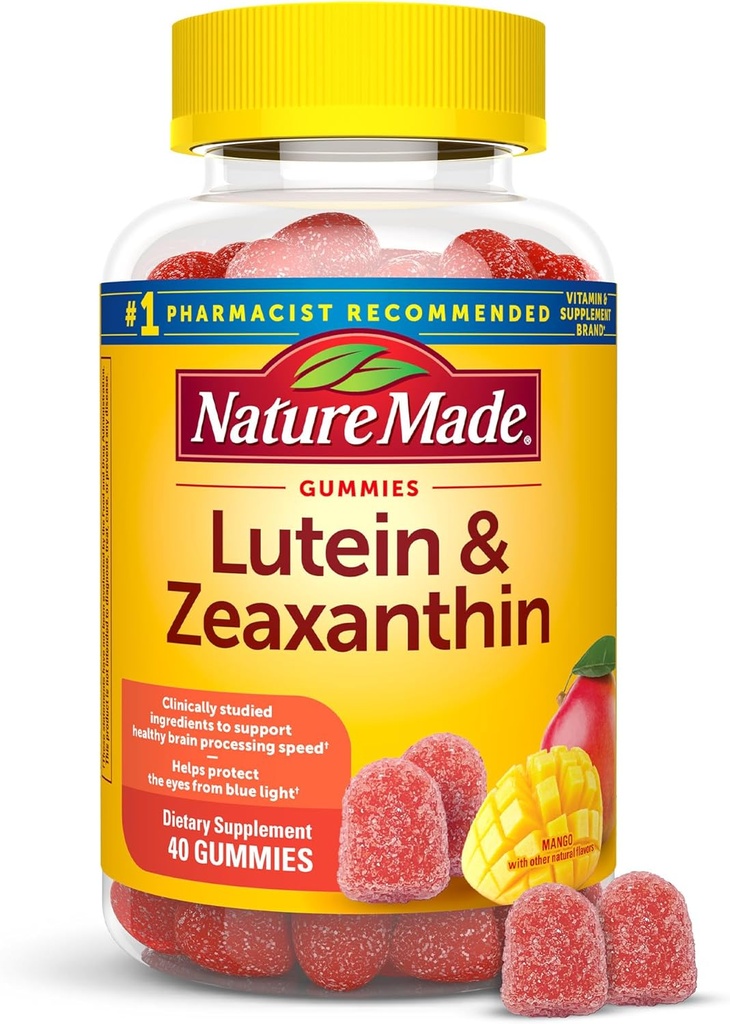 הטבע עשה Lutein & Zeaxanthin Gummies, עין ומוח תוספי, 40 חניכיים טבעוניות, 20 יום אספקה