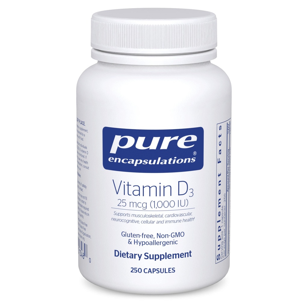 Pure Encapsulations ויטמין D3 25 mcg (1,000 IU) - תוספת לתמיכה העצם, משותף, חזה, לב, קולון & Immune בריאות - עם Premium ויטמין D - 250 קפסולות