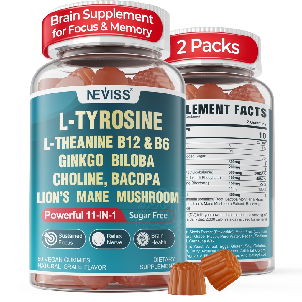 11-IN-1 Brain Supplement for Memory and Focus with L-Tyrosine L-theanine, Methylated B12 & B6, Lion's Mane Mushroom, גינקו בילובה, Bacopa Monnie, Choline for Focus, Nootropic, אנרגיה, 2Packs