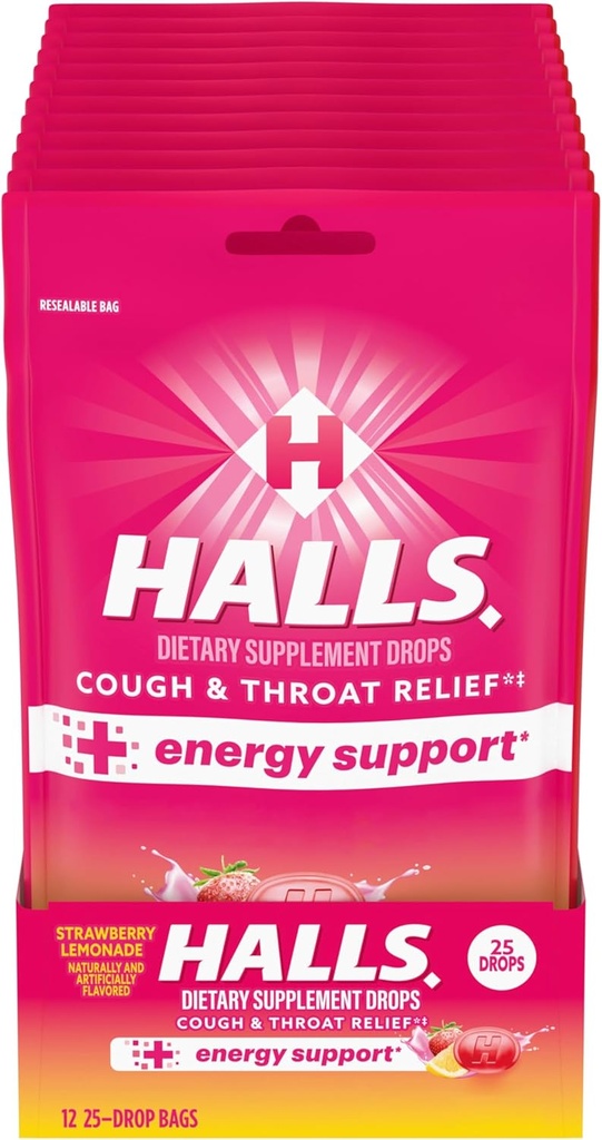 HALLS Relief + Energy Support, Strawberry Lemonade Cough Drops, 12 Bags of 25 טיפות (300 Total Drops)