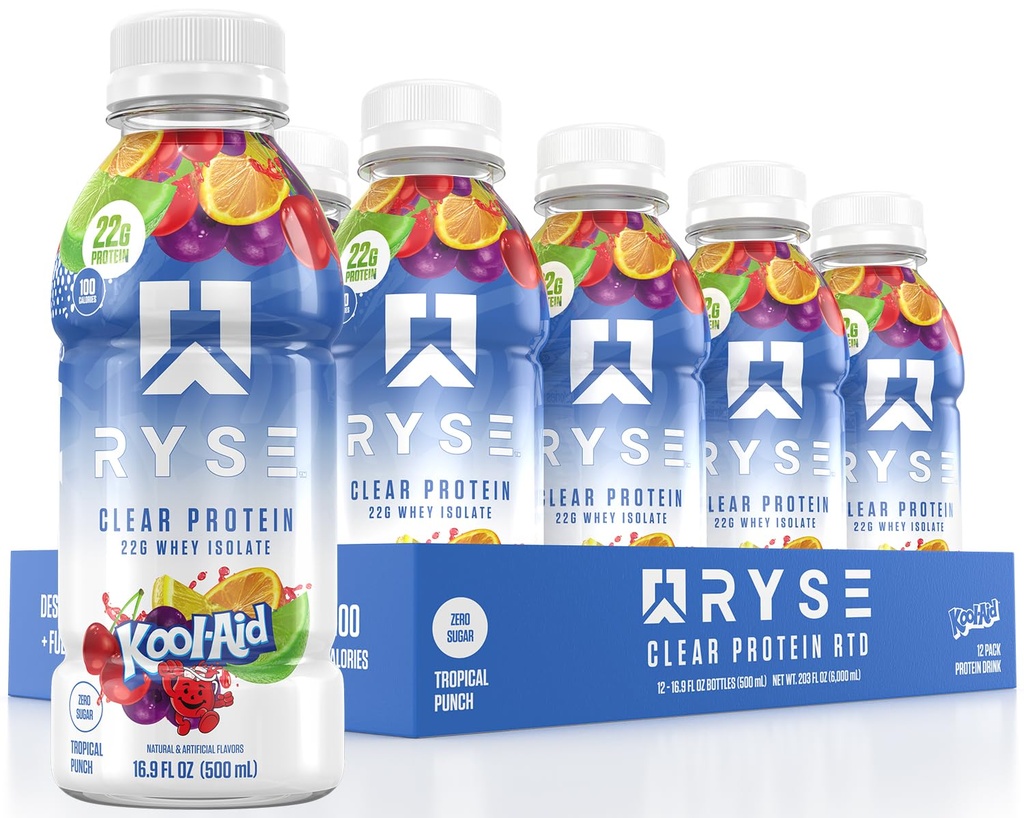 משקה חלבון בהיר - Kool-Aid Tropical Punch - 100 קלוריות, 22g Whey Isolate חלבונים שקד, סוכר חינם, 0g Fat & Lactose-Free - מרעננים מוכן-to-Drink Beverage - 16.9 oz בקבוקים (12-Pack)