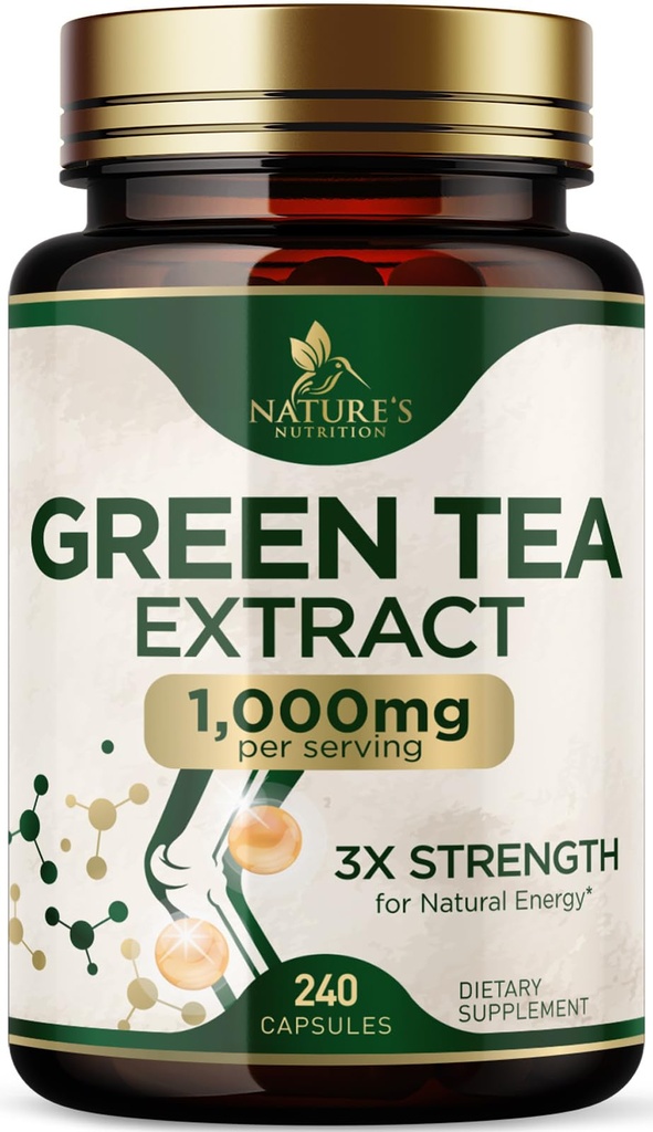 כריות תה ירוקות 1000 מ"ג - סטנדרטיזציה 45% EGCG & 98% Polyphenols - 3X חיזוק גלולות תה ירוק עבור אנרגיה טבעית - תמיכה בריאות הלב, תוסף צמחי, טבעוני, non-GMO - 240 קפסולות