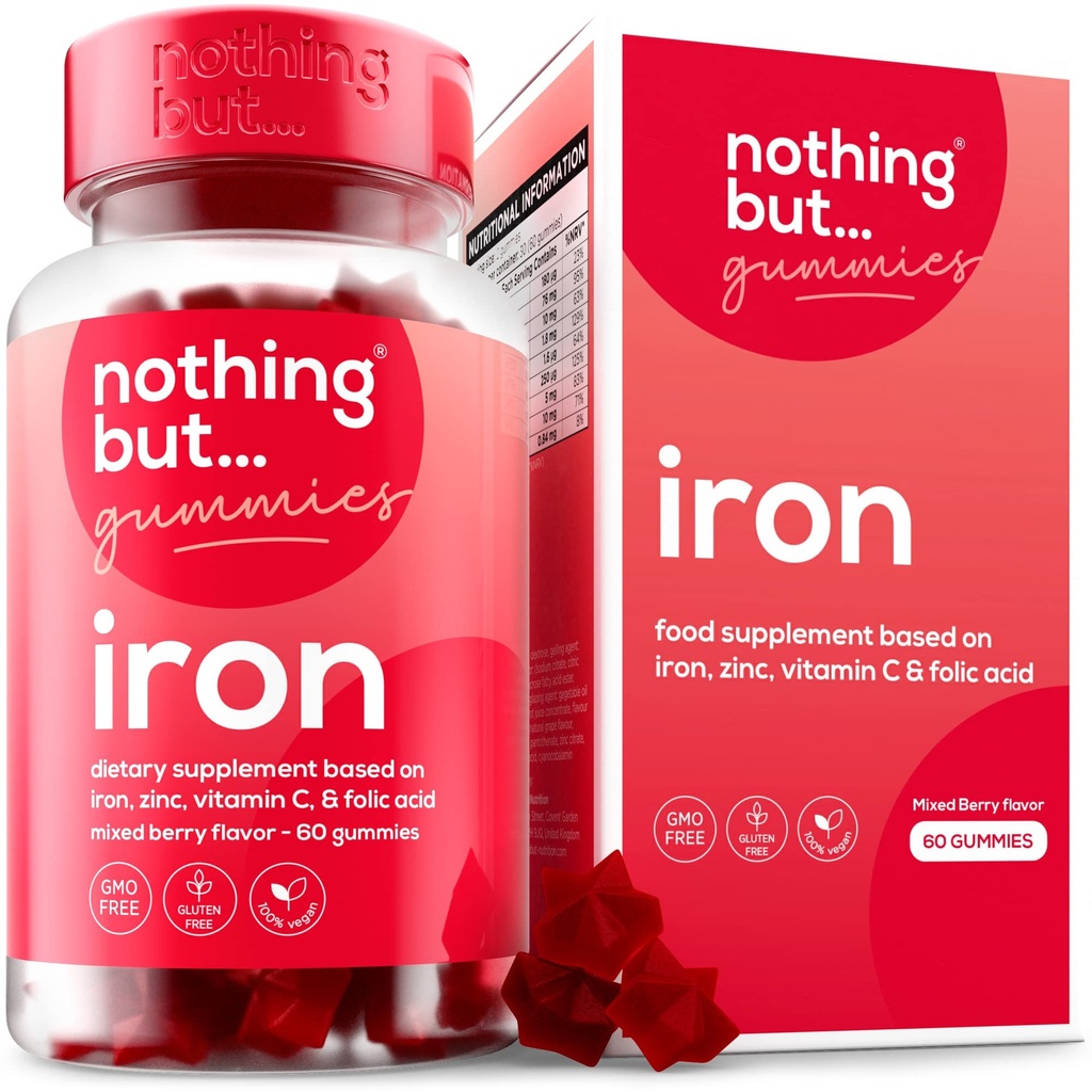 Women & Men Natural Iron Supplement | a Delicious Mixed Berry Flavor | Chewable Vegan Iron Supplements w/Vitamin C, Zinc, Folic Acid & B Vitamins | 60 Iron Gummies | Anemia