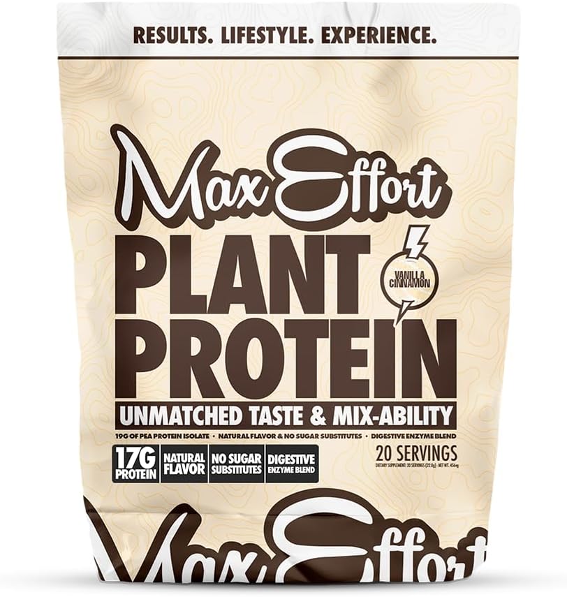 MAX EFFORT צמחי אבקת חלבון, 17 G Pea חלבון, צמחי מבוסס, Gluten Free, Low Carb, חלבון שקד או Smoothie Mix, Meal Switch, No Whey, No Sugar Substitutes, Vanilla Cinnamon 20 Srvggggggggggg