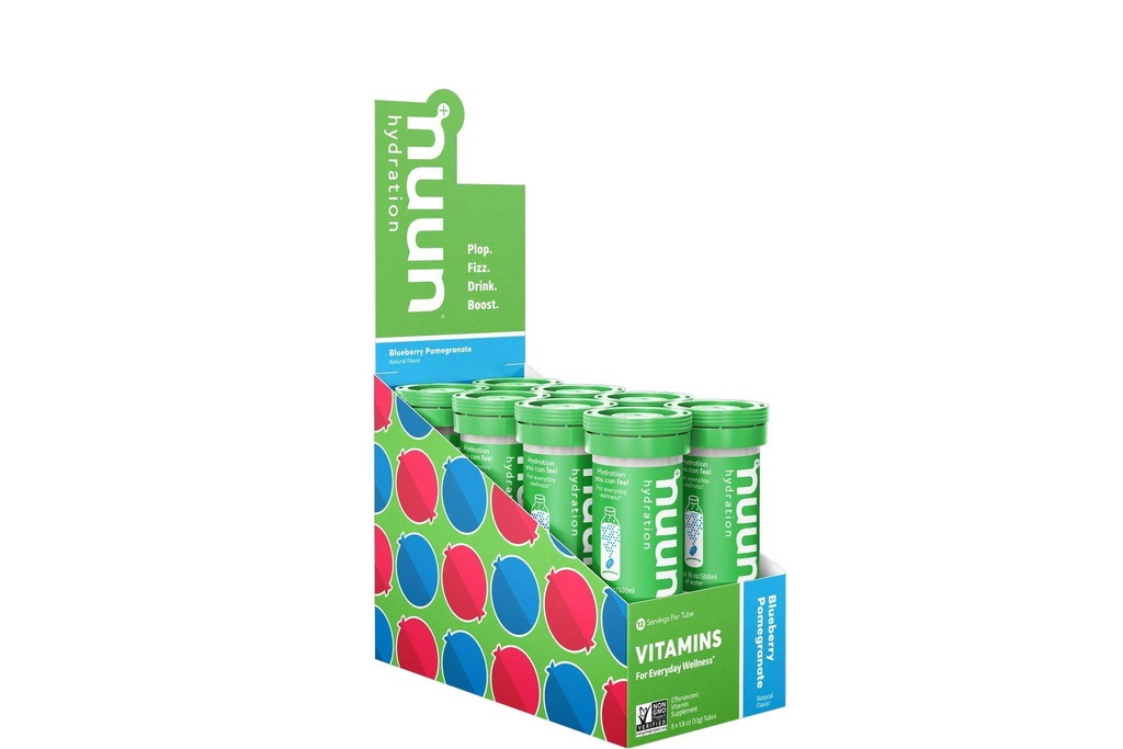 Nuun ויטמינים Electrolyte Tablet עם ויטמין D, C, E, A, & B6, Folic Acid, Magnesium & 4 אלקטרוליטים חיוניים אחרים, Gluten Free & Vegan, Blue Pomegranate, 8 Pack (96 לשרת Total)