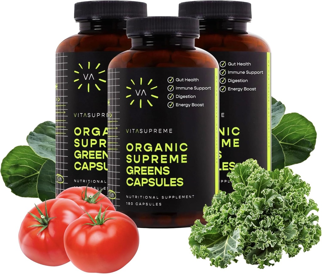 Vita Supreme Organic Super Greens Superfood כמוסות, תוספת תזונתית לבריאות Gut, תמיכה בחיסון, אנרגיה ועוד (Non-GMO, Keto, Vegan) 180 קפסולות, 3 Pack