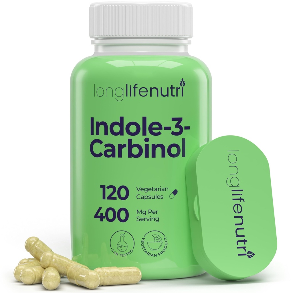 LongLifeNutri Indole 3-Carbinol 400 מ"ג - 120 קפסולות Vegeterian, 4 Monteh אספקה, תוספת אורגנית עבור איזון הורמונלי ובריאות סלולרית, מעבדה נבדקה, מיוצר בארה"ב
