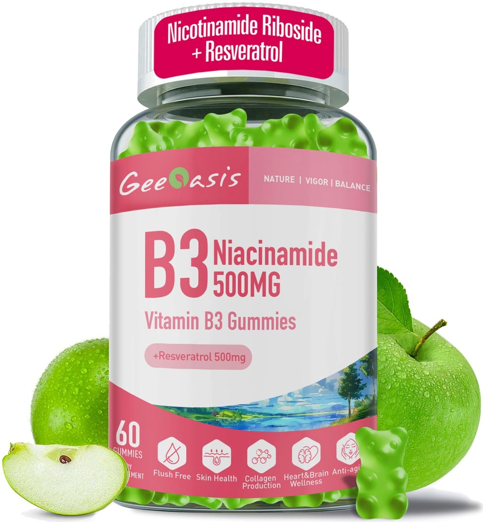 Niacinamide 500 מ"ג חניכיים, תוספת ויטמין B3 עם Resveratrol 500 מ"ג, כוח גבוה Niacin עבור Antioxidant, Skin & Brain Health, Immune Support, Apple Flavor טבעוני, 60 הרוזן
