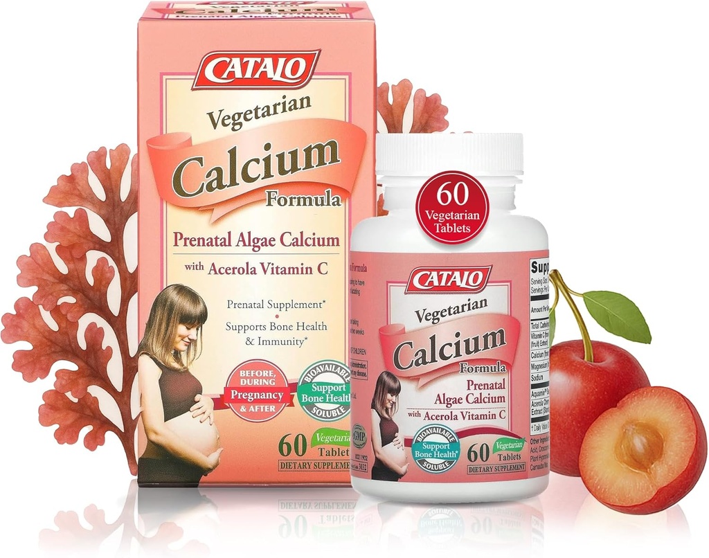 CATALO Vegetarian Calcium פורמולה, Red Algae Calcium המבוססת על צמחים עם ויטמין C טבעי, Easy to Digest, מינרלים-Rich עבור כל יום תזונה, אידיאלי עבור הריון ו Lactation - 90 טבליות
