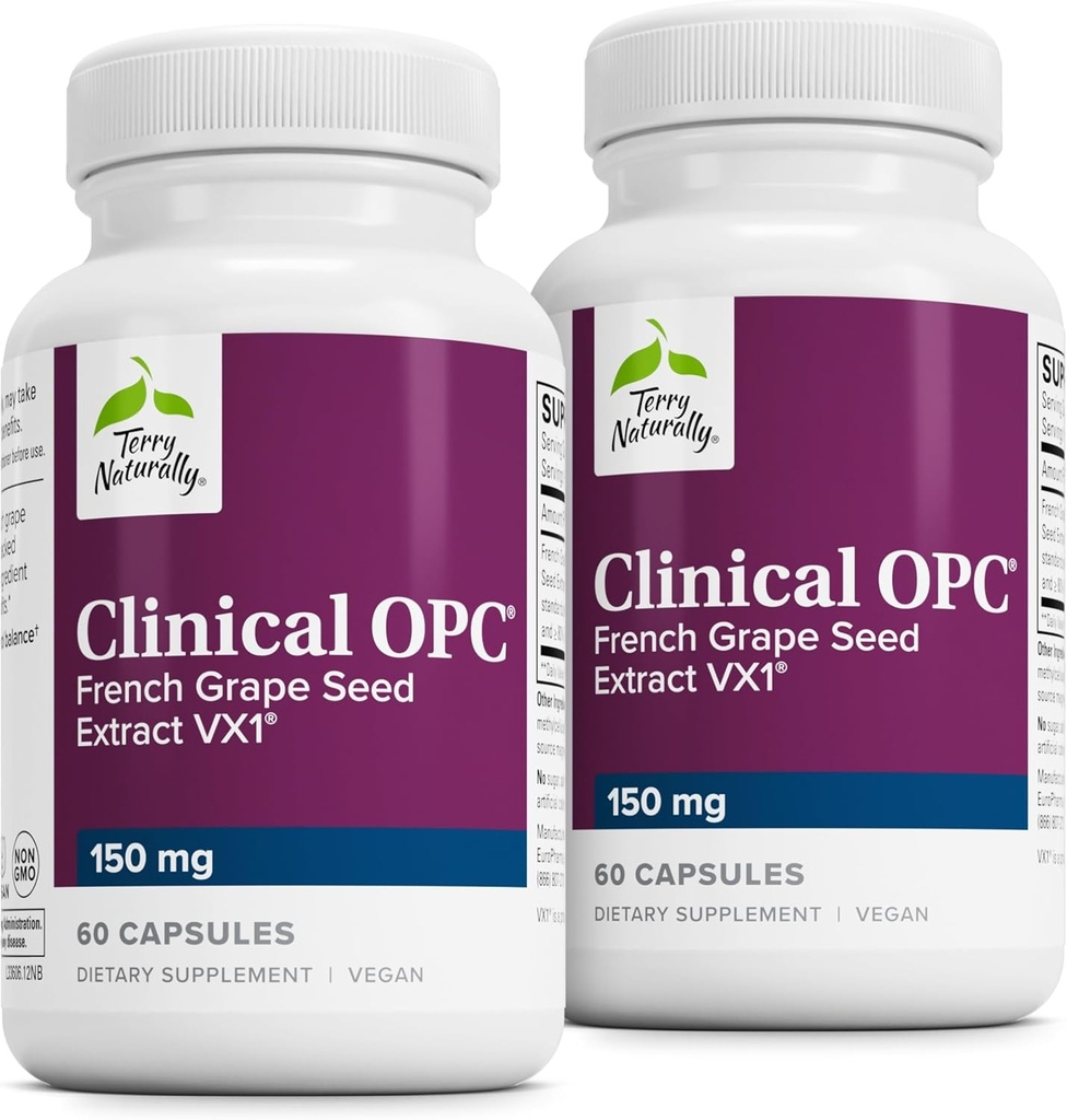 טרי קליני באופן טבעי OPC - Cardiovascular Health & Focus תמיכה תוסף - תוספת תזונתית עם Grape Seed Extractd Extractd Extract & Sunflower Lecithin - Immune Support - 150 מ"ג, 60 Softgels (Pack of 2)