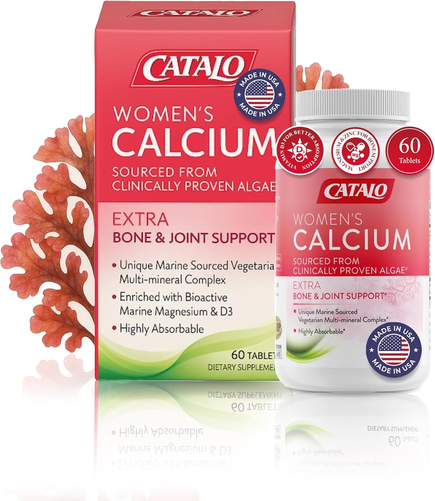 CATALO Women's Calcium עם AquaminTM Red Algae - תוספי Calcium מבוסס צמחי עם ויטמין D3, Magnesium & Zinc - High Absorption Formula - 60 טבליות
